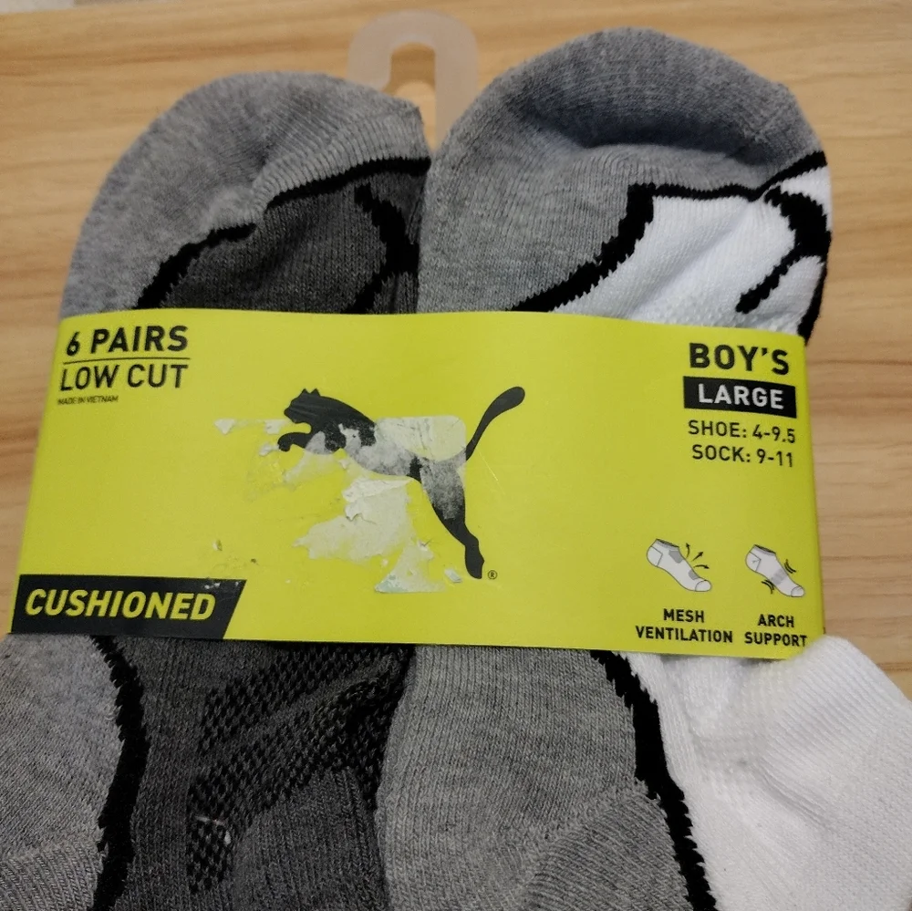Puma Boys Low Cut Cushioned 6 Pair Multi-Pack Socks Boy Shoe Size 4-9.5 NWT